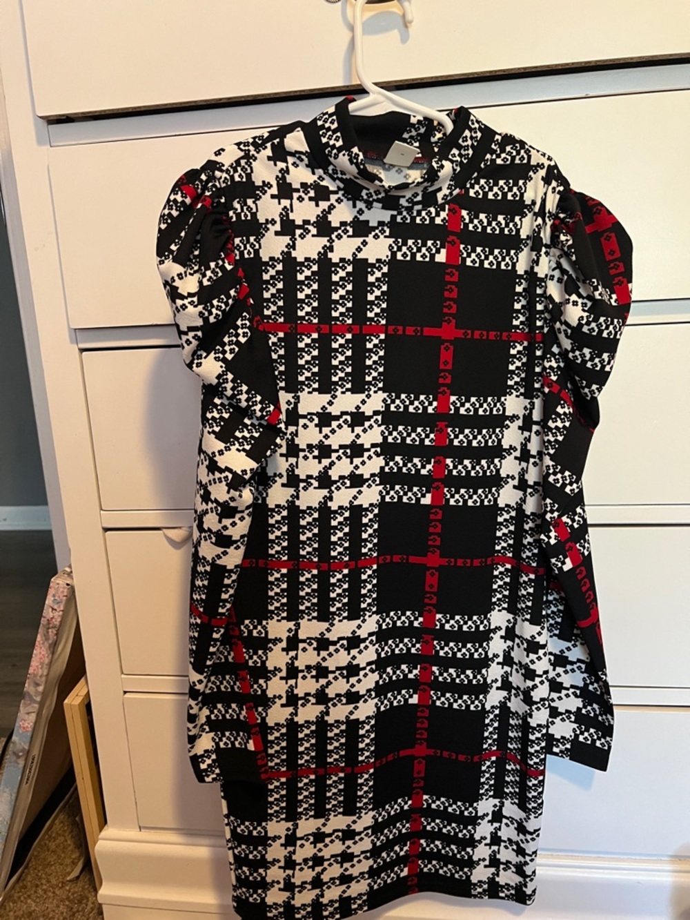 Black, White & Red Plaid Puff-Sleeve Dress